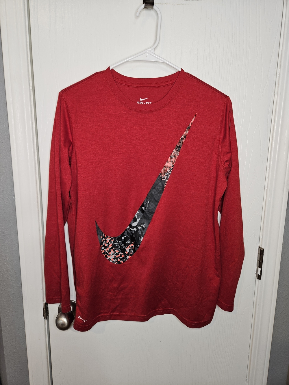 Nike Red Long Sleeve Tee with Black & Pink Camo Swoosh